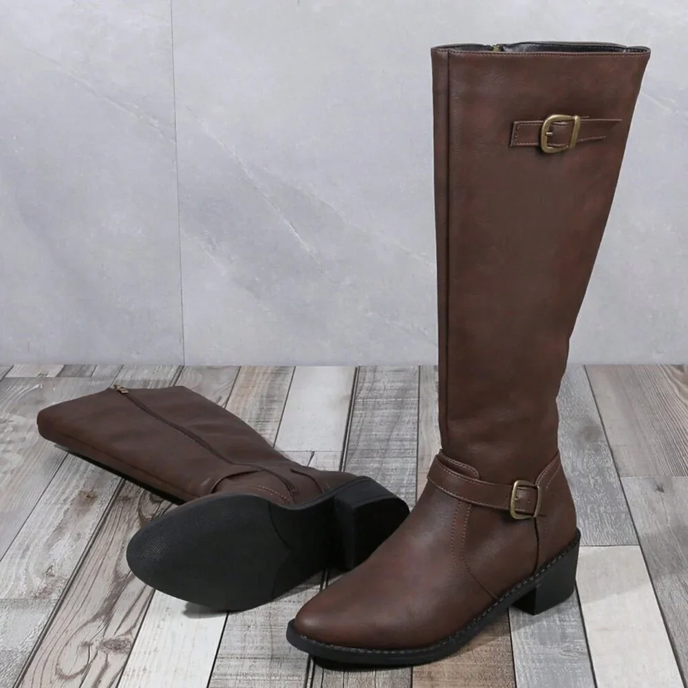 Brown Party Women's High-Cut Heel Riding Boots with Zipper & Pointed Toe